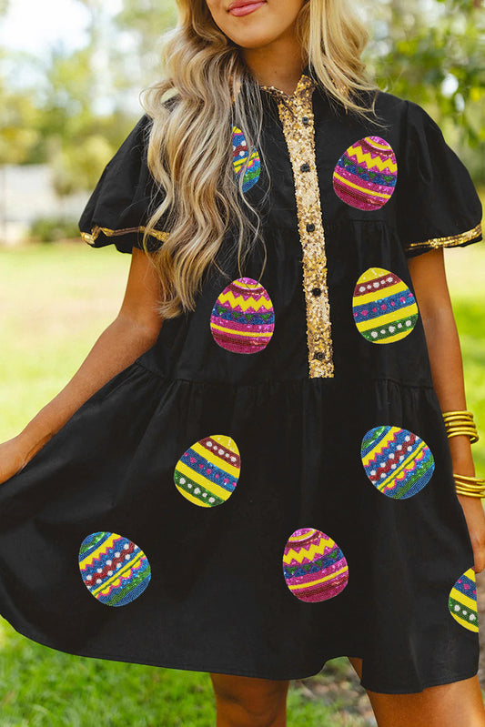 Vestido de manga abullonada con medio botón y ribete de lentejuelas, color negro brillante, con forma de huevo de Pascua