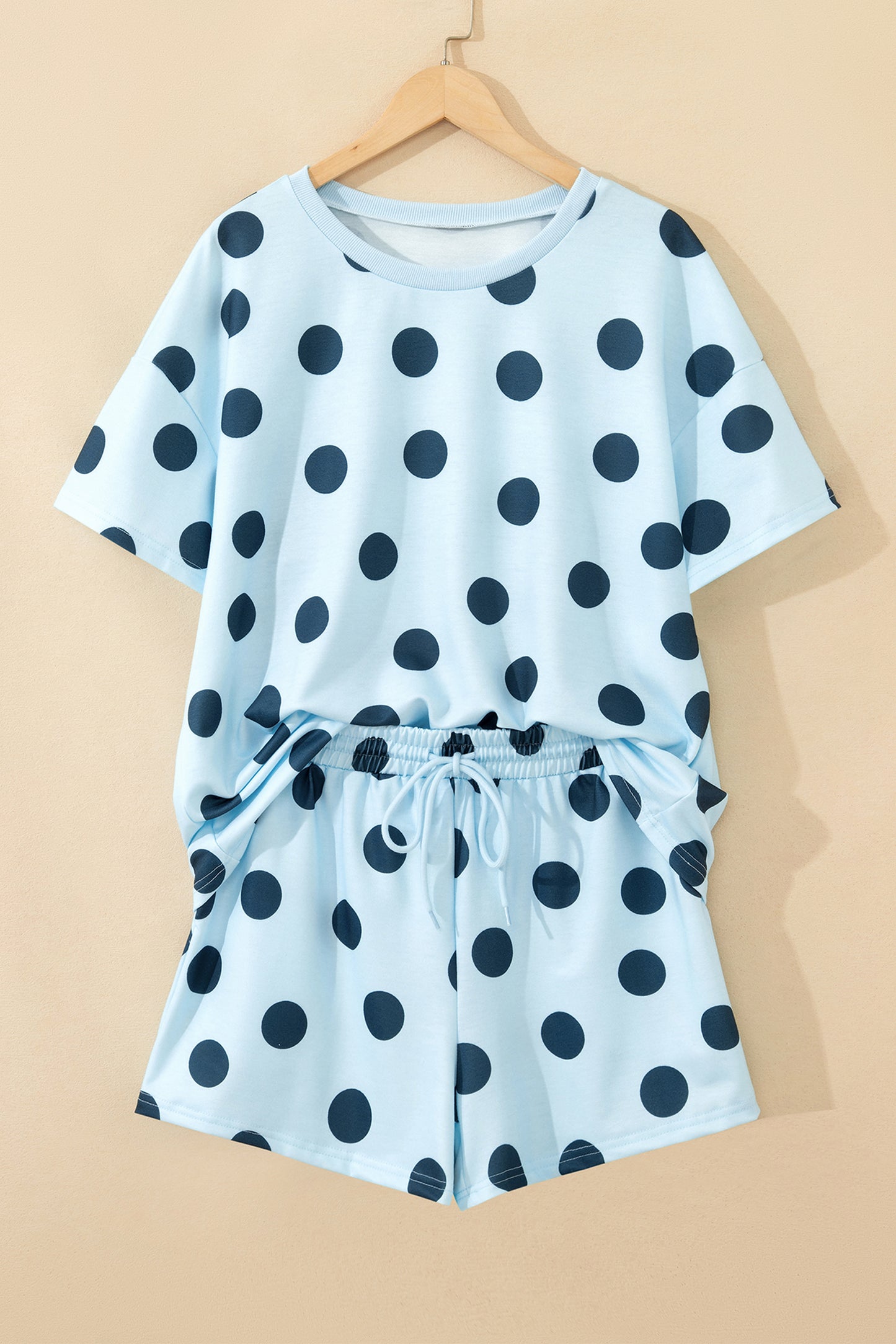 Sky Blue Polka Dot Print Loose Tee Drawstring Elastic Waist Short Set - Snoopy's Closet