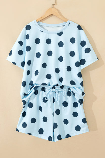 Sky Blue Polka Dot Print Loose Tee Drawstring Elastic Waist Short Set - Snoopy's Closet