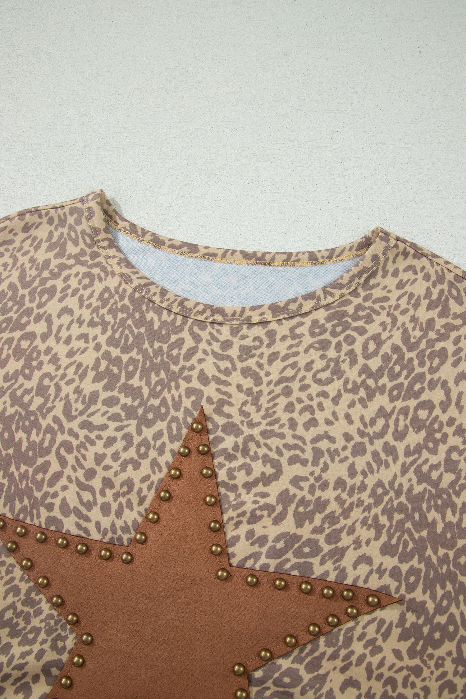 Khaki Leopard Retro Studded Star Patch Loose Tee - Snoopy's Closet