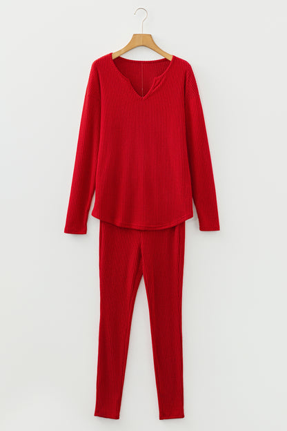Racing Red Ribbed Notched Neck Knit Long Sleeve Leggings Two Pieces Lounge Set - Snoopy's Closet