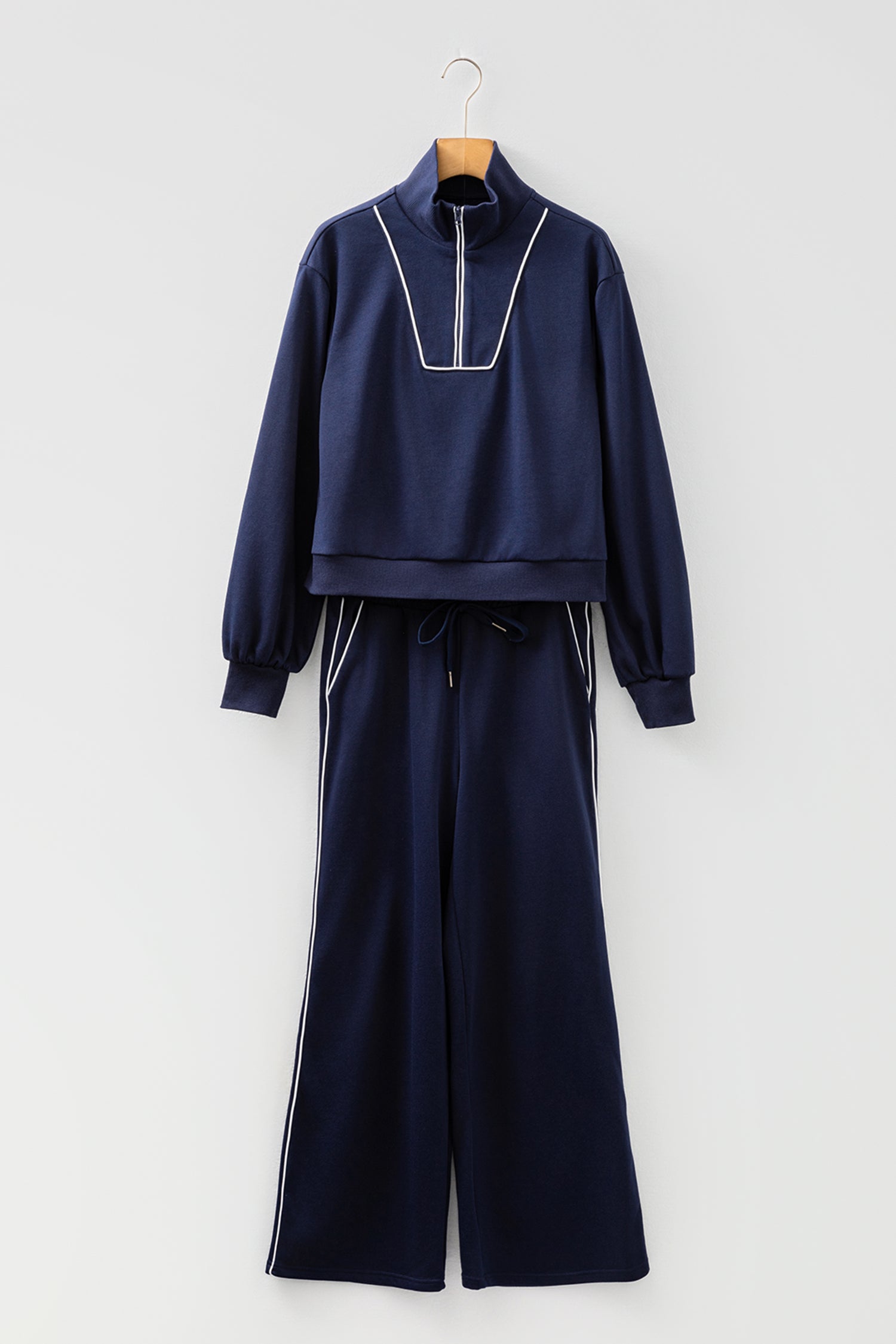 Navy Blue Contrast Piping Zipped Pullover Cropped Pants Set - Snoopy's Closet