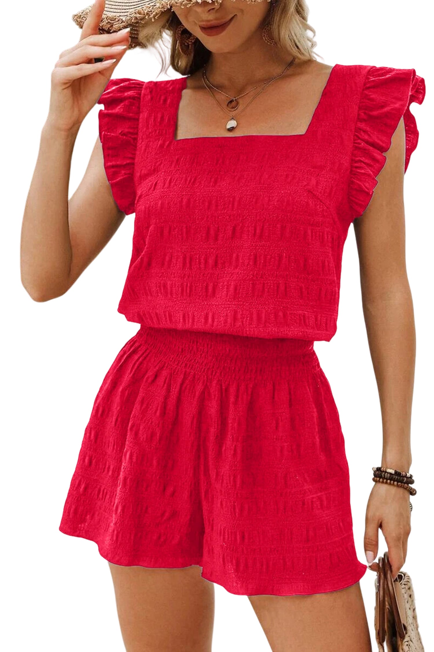 Fiery Red Textured Square Neck Top and Shirred High Waist Shorts Set - Snoopy's Closet