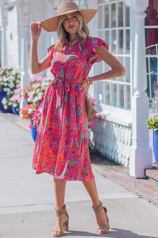 Vestido largo floral con cinturón y mangas con volantes Rose
