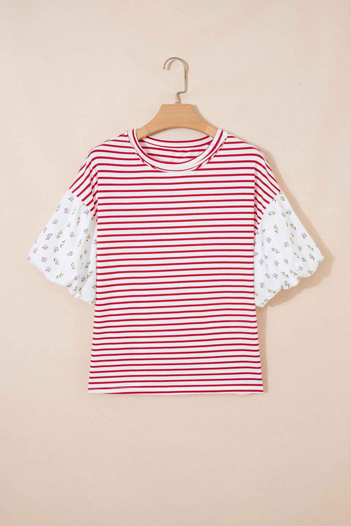 Red Stripe Floral Puff Sleeve Patchwork Round Neck Loose Top