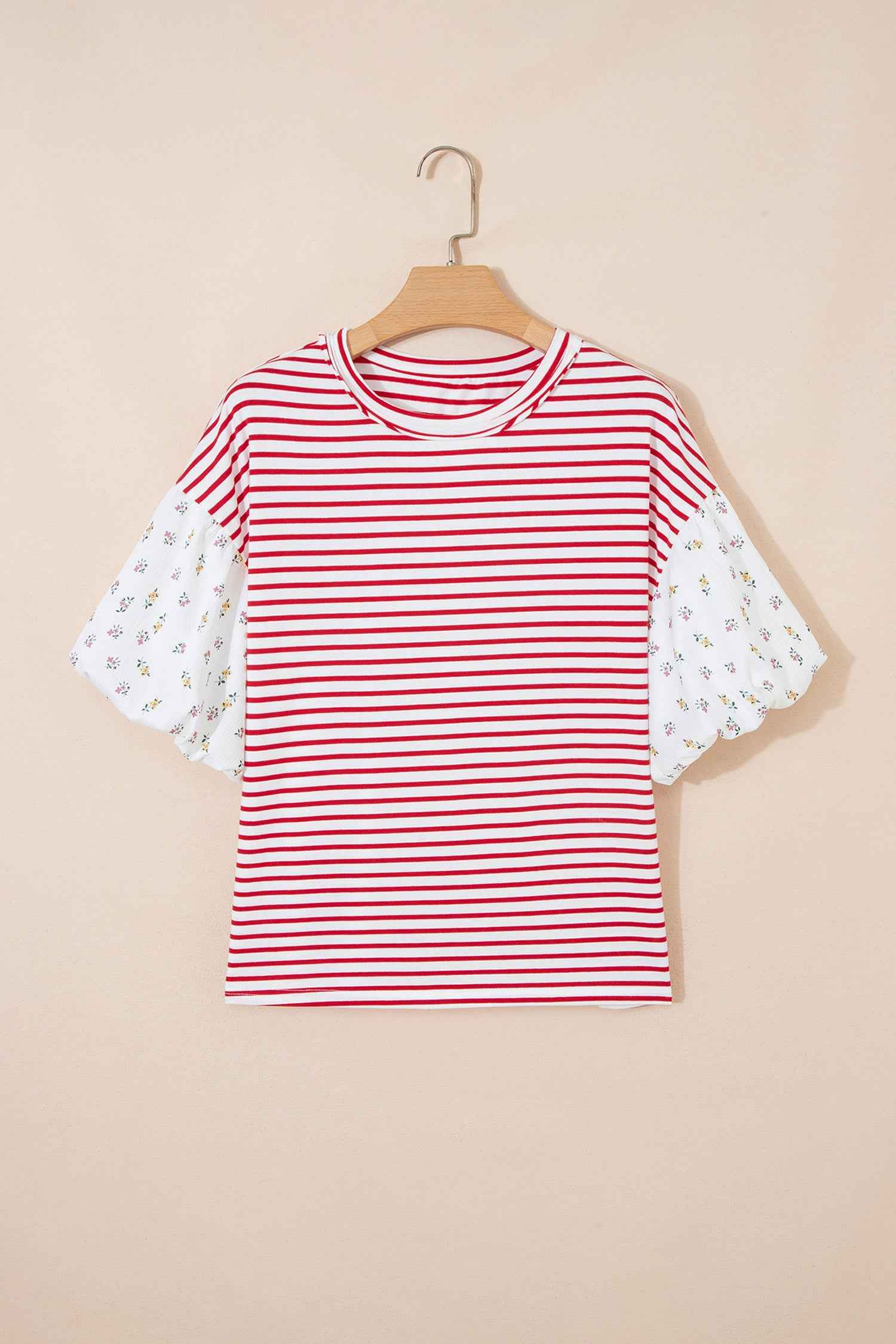 Red Stripe Floral Puff Sleeve Patchwork Round Neck Loose Top