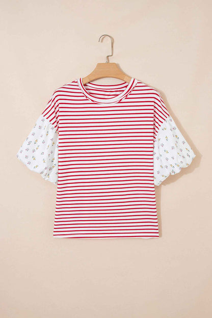 Red Stripe Floral Puff Sleeve Patchwork Round Neck Loose Top