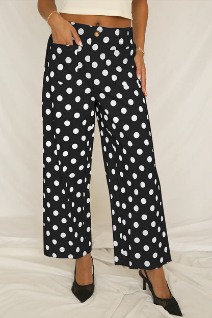 Pantalones de pernera recta de tiro medio con bolsillos de parche y estampado de lunares negros