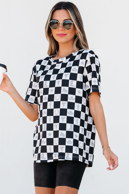 Black Western Fashion Checkerboard Print Side Split T Shirt - Snoopy's Closet