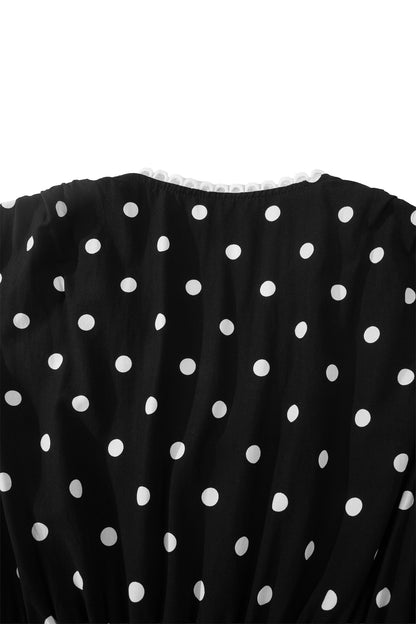 Vestido sin mangas con cremallera, cuello en V, ribete en contraste y estampado de lunares negros