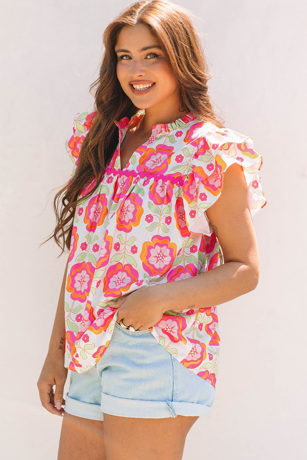 Rose Floral Ruffled Sleeve Ric-rac Trim Split Neck Loose Blouse - Snoopy's Closet
