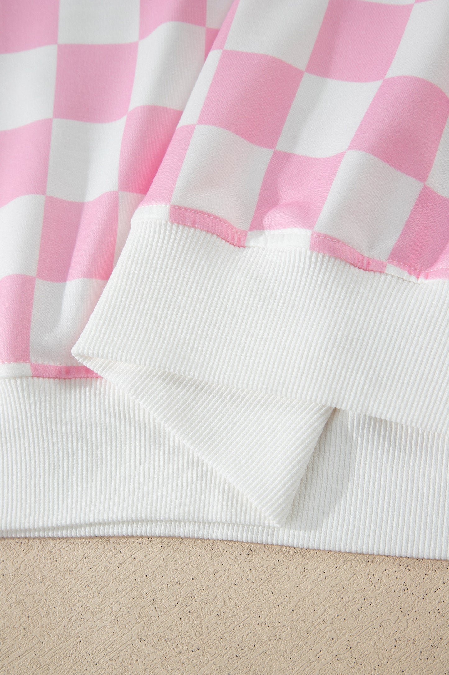 Pink Checkered Print Color Block Trim Mock Neck Short Set - Snoopy's Closet
