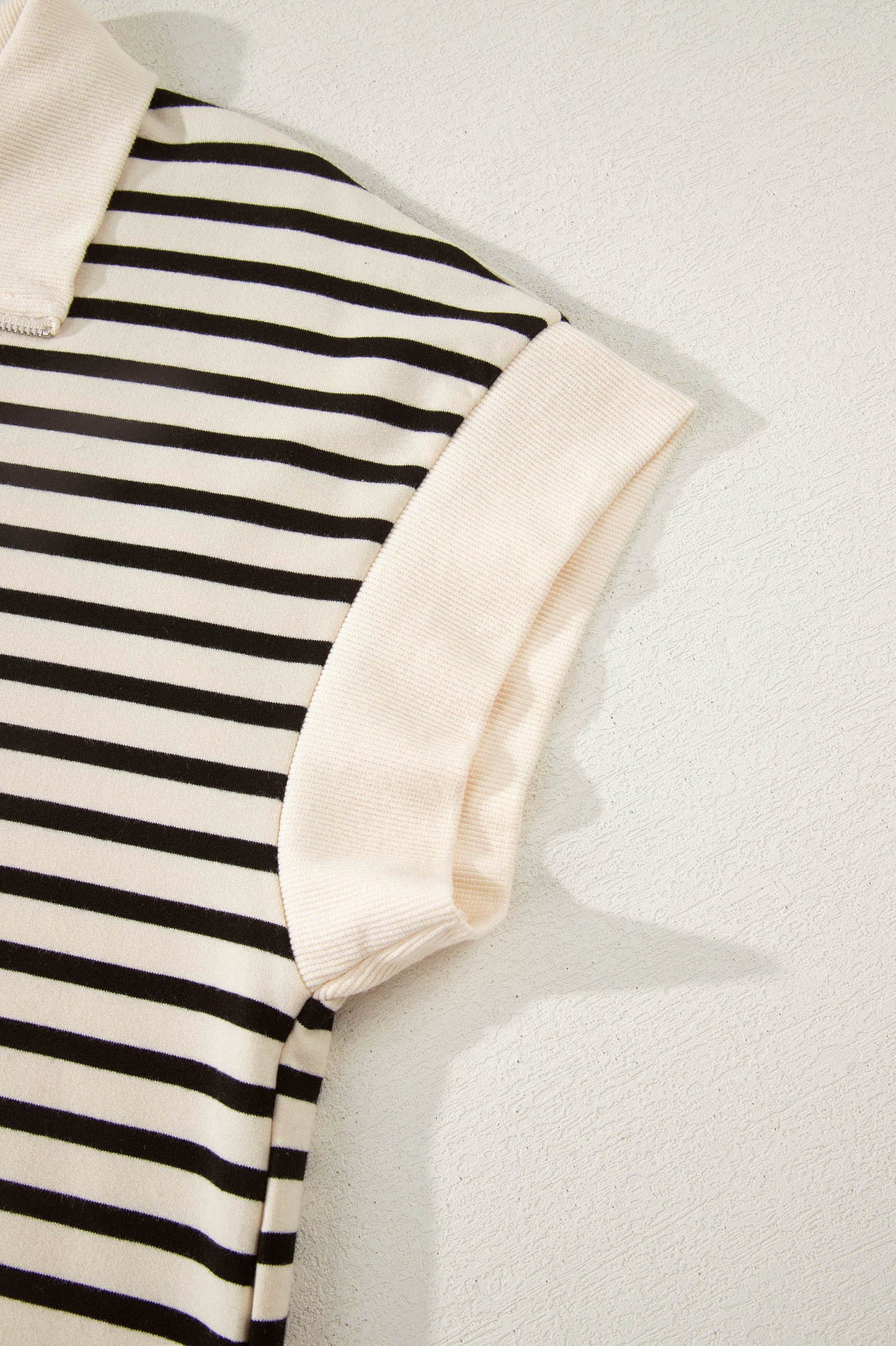 Black Stripe Ribbed Color Block Trim Zip Polo Tee Drawstring Shorts 2pcs Outfit - Snoopy's Closet