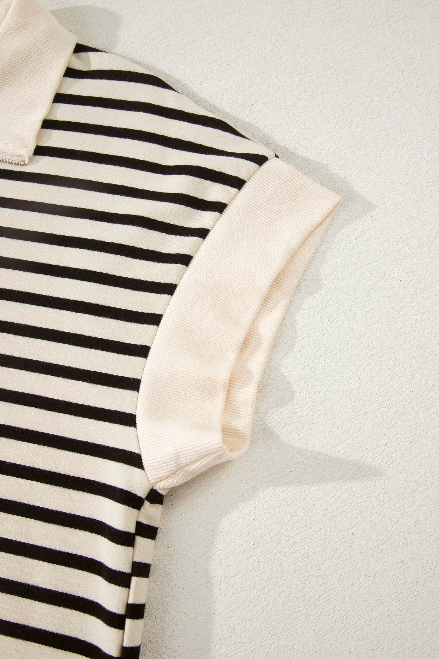 Black Stripe Ribbed Color Block Trim Zip Polo Tee Drawstring Shorts 2pcs Outfit - Snoopy's Closet