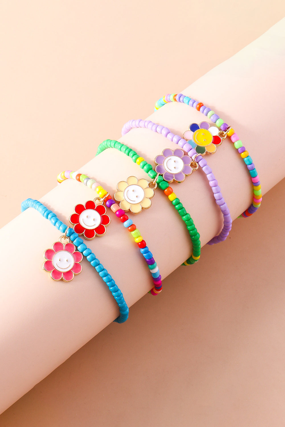 Light Blue 5pcs Smiley Flower Pendant Beaded Bracelet Set - Snoopy's Closet