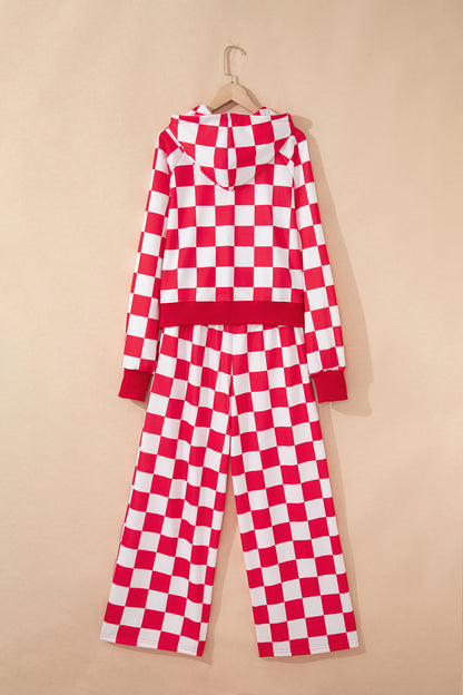 Red Checkered Print Half Zip Hoodie Loose Pant Set - Snoopy's Closet