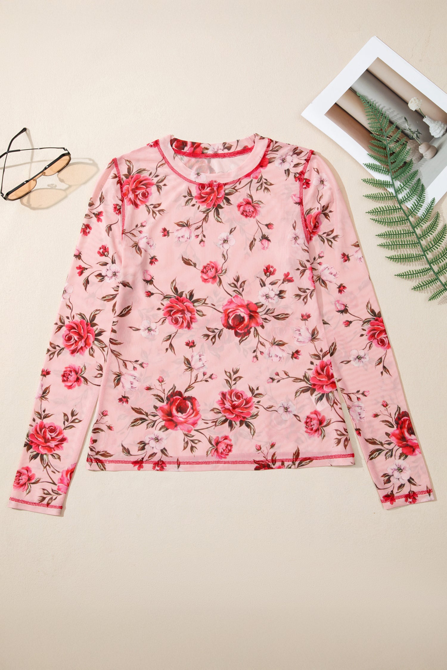 Pink Floral Print Exposed Seam Detail Mesh Long Sleeve Top - Snoopy's Closet
