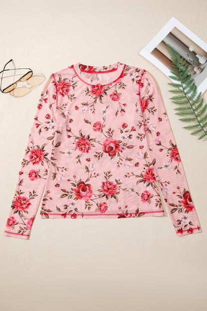Pink Floral Print Exposed Seam Detail Mesh Long Sleeve Top - Snoopy's Closet