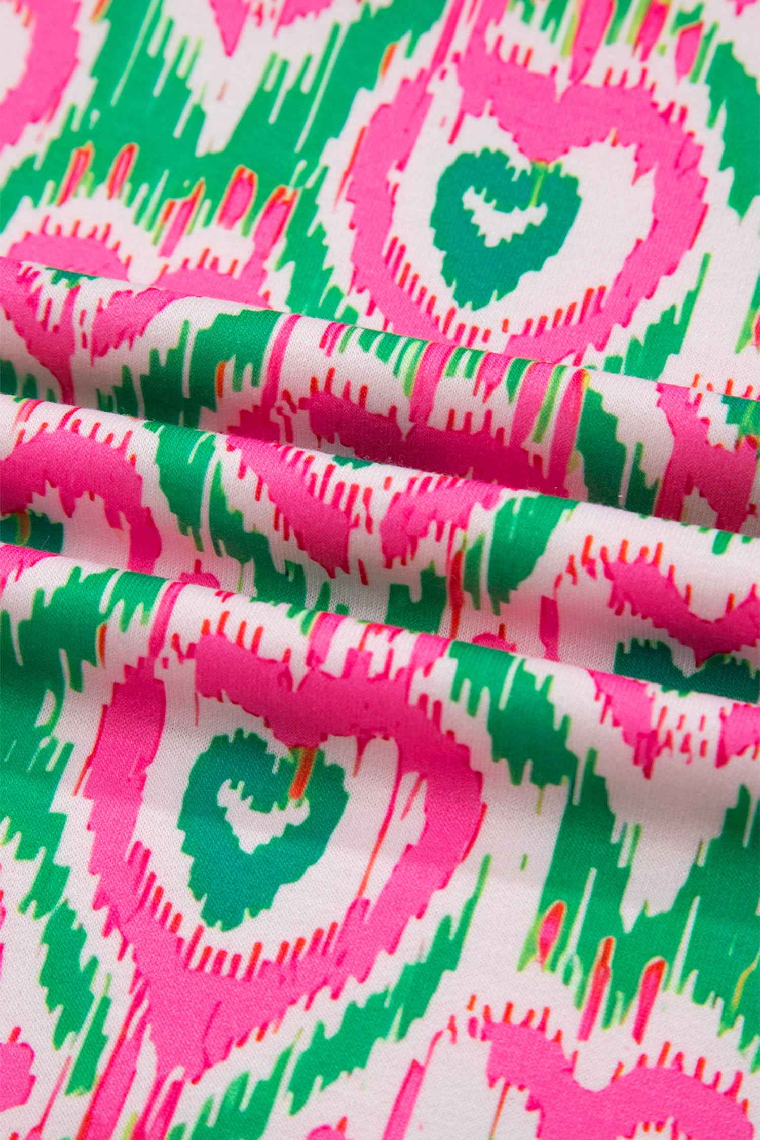 Green Abstract Heart In Heart Print Striped Trim Polo Collar Short Sleeve Blouse