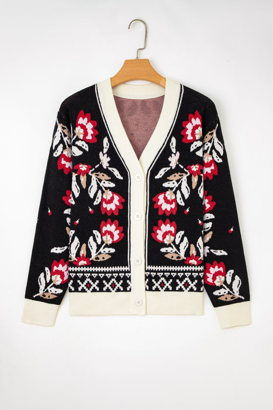 Cárdigan de punto con cuello de pico, abotonado frontal y estampado floral negro