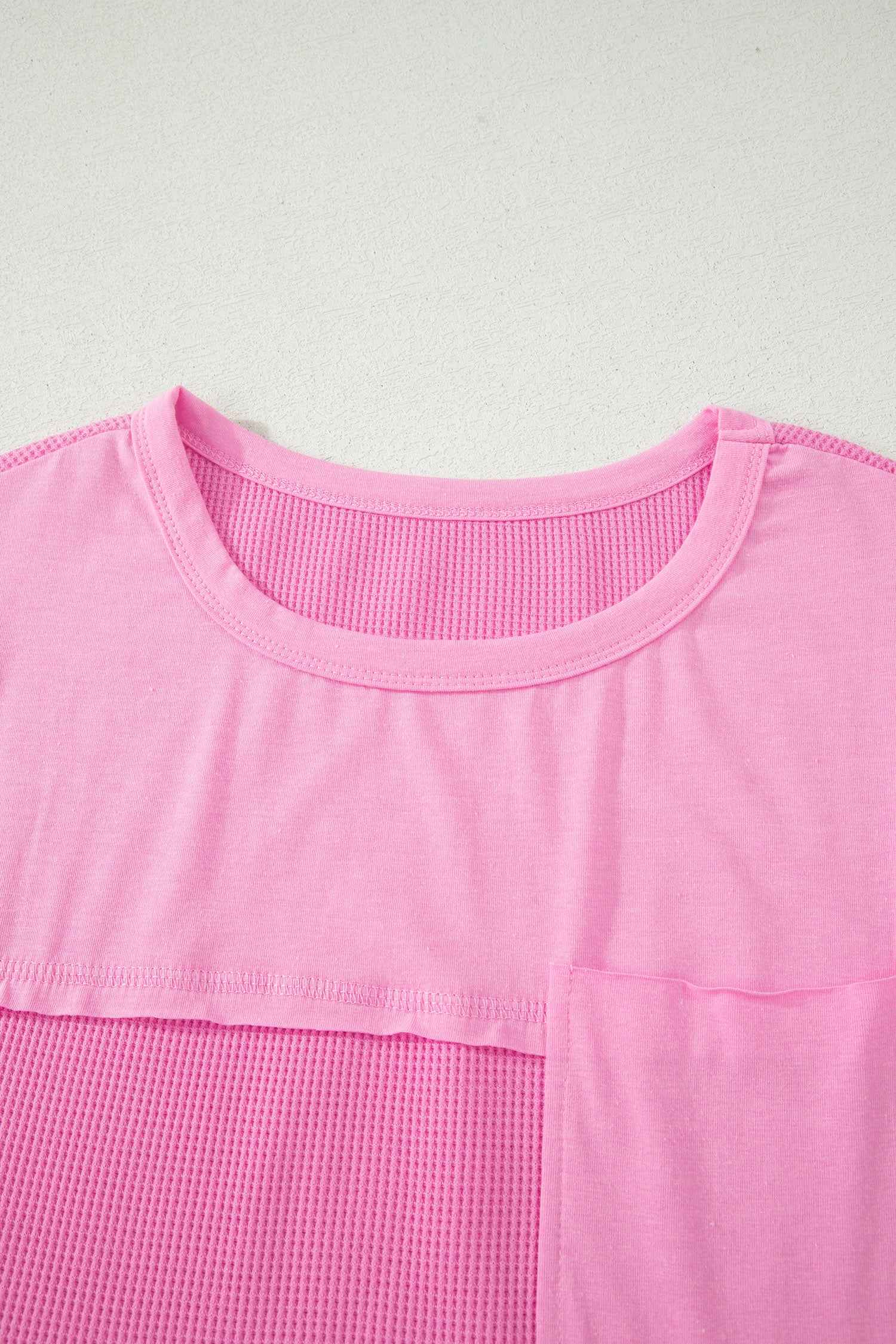 Pink Solid Color Raw Seam Waffled Patchwork Casual T Shirt