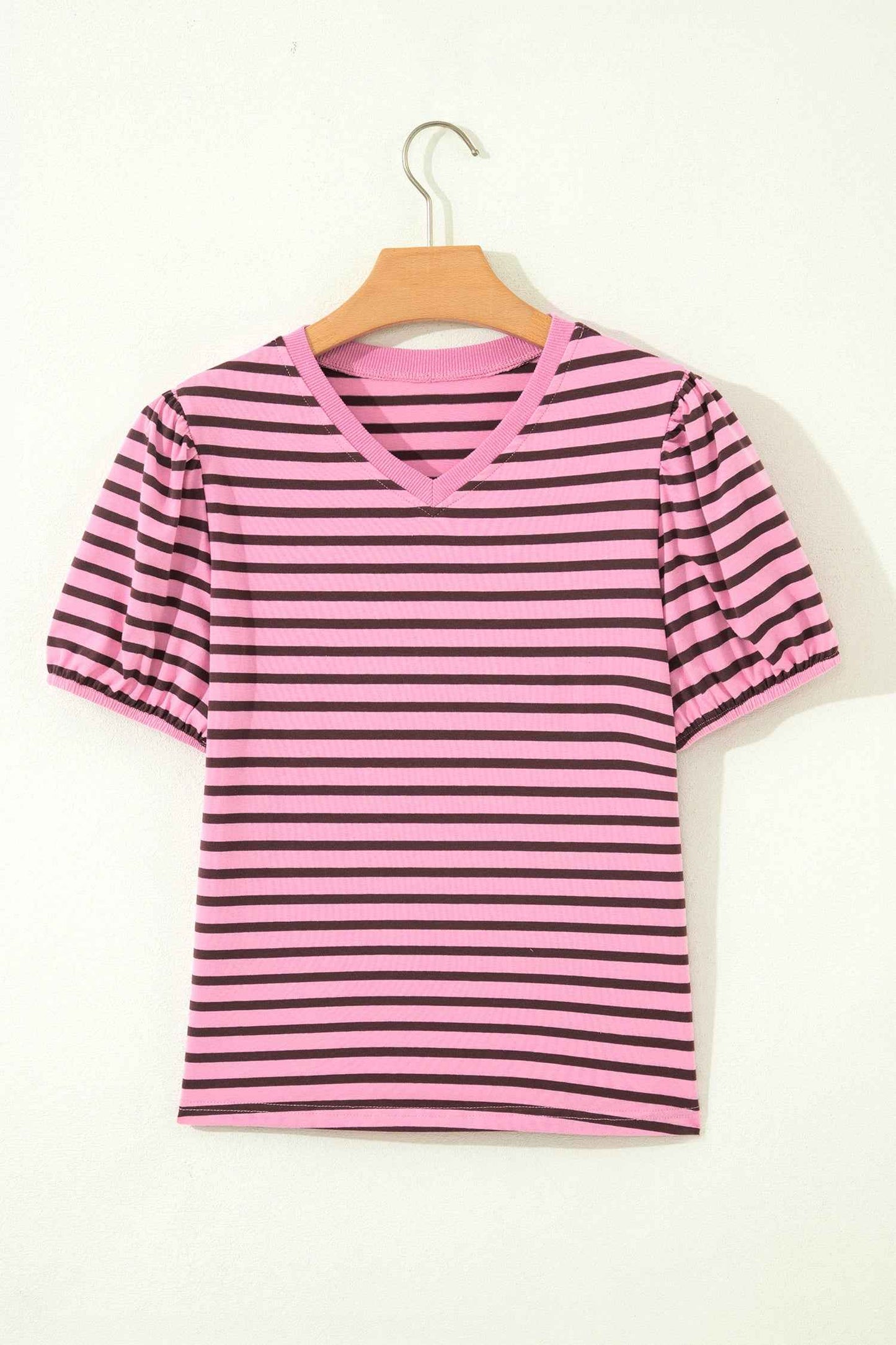 Rose Stripe Striped V-Neck Ribbed Collar Cuff Gathering Puff Sleeve Top