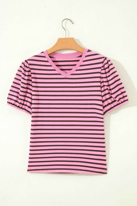 Rose Stripe Striped V-Neck Ribbed Collar Cuff Gathering Puff Sleeve Top