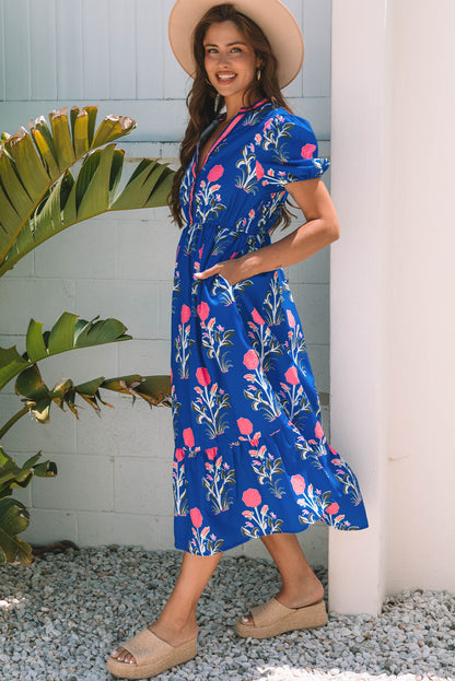 Vestido maxi de cintura alta, cuello en V y manga corta abullonada con estampado floral azul cielo