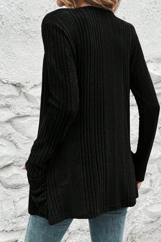 Black Ribbed Open Front Knitted Top with Pockets - Snoopy's Closet