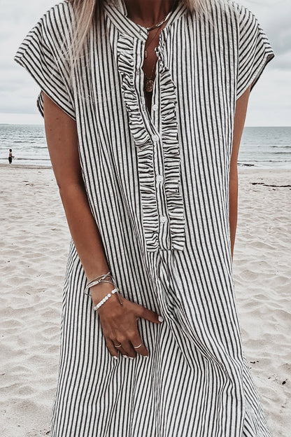 Vestido largo de manga corta con volantes y botones hasta la mitad, de rayas negras
