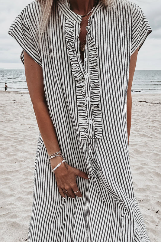 Vestido largo de manga corta con volantes y botones hasta la mitad, de rayas negras