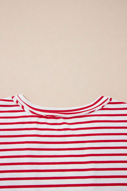 Red Stripe Floral Puff Sleeve Patchwork Round Neck Loose Top