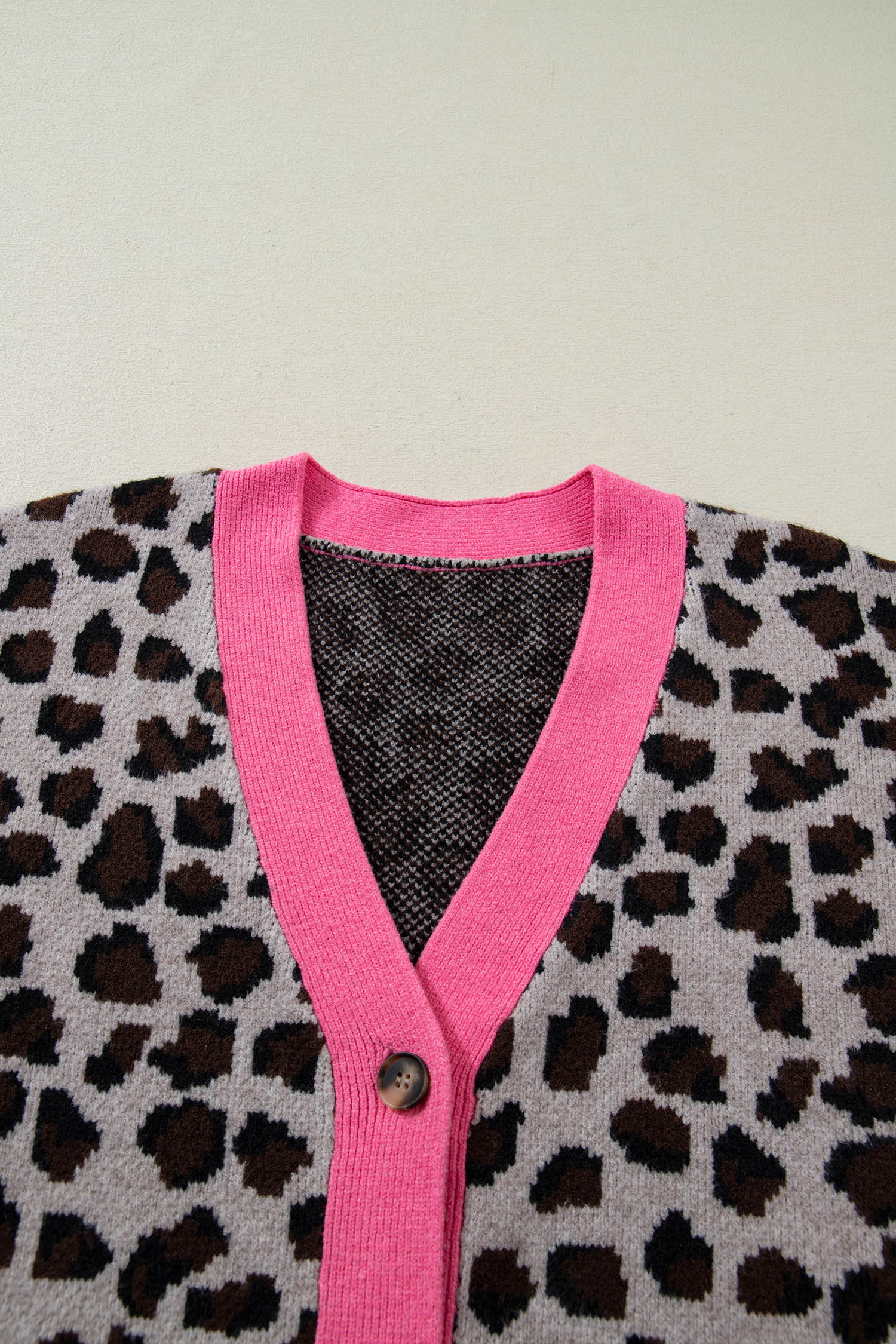 Khaki Oversize Color Block Trim Button Down Leopard Print Cardigan - Snoopy's Closet
