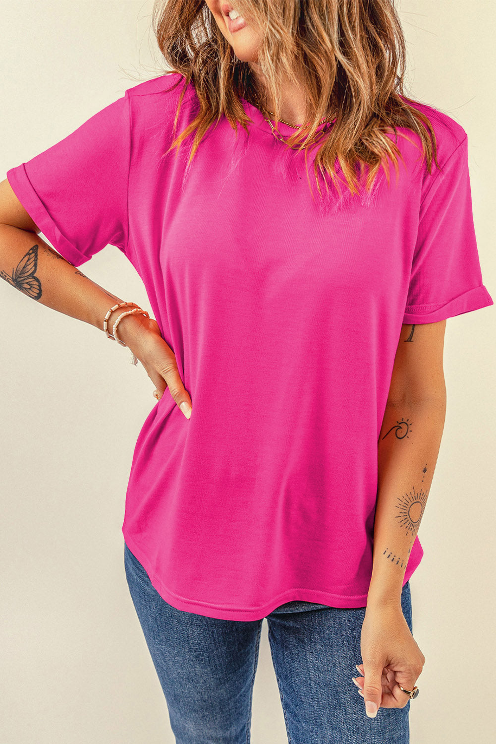 Rose Red Casual Plain Crew Neck Tee - Snoopy's Closet