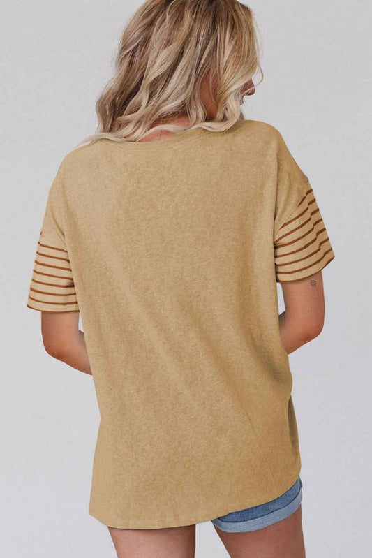 Tan Color Block Striped Detail Loose T Shirt