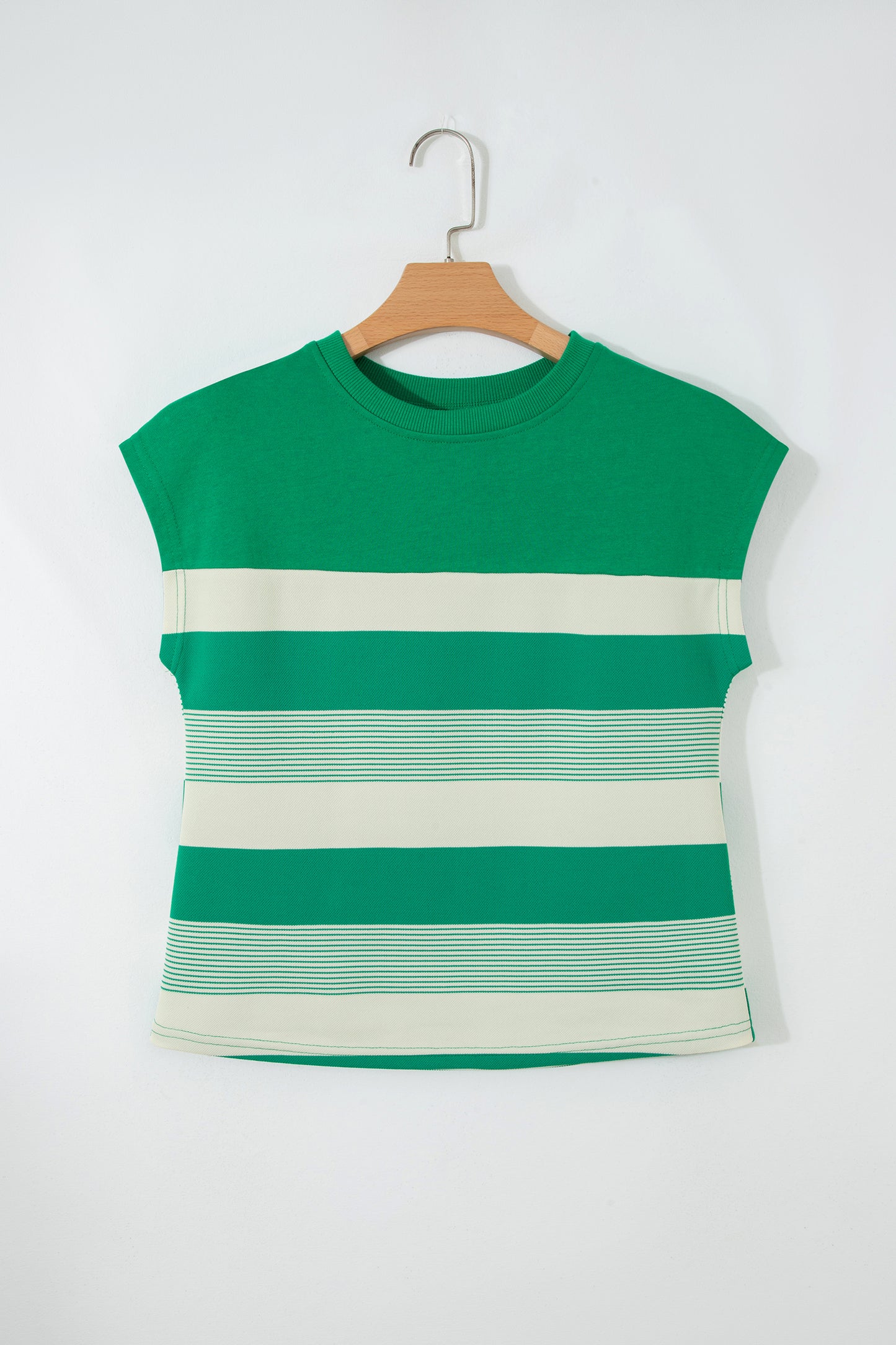 Green Stripe Mixed Print Crew Neck Cap Sleeve T Shirt - Snoopy's Closet