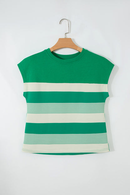 Green Stripe Mixed Print Crew Neck Cap Sleeve T Shirt - Snoopy's Closet