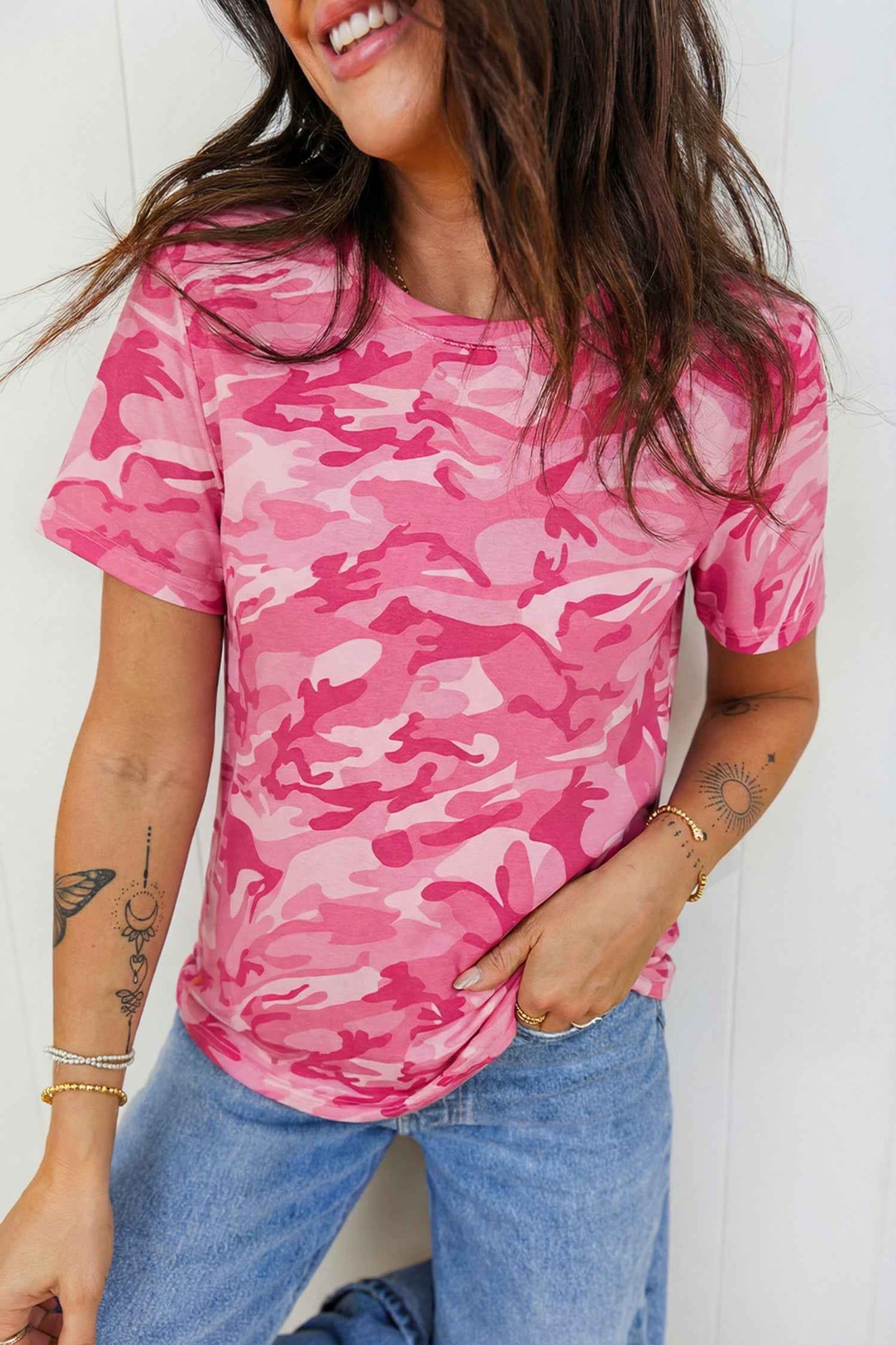 Pink Camouflage Print Crew Neck T Shirt