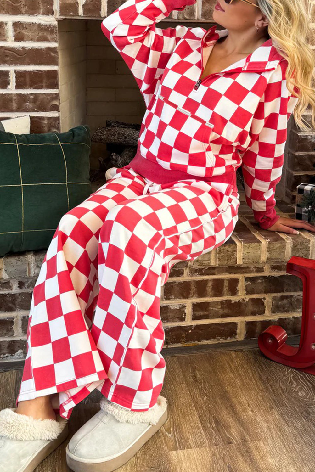 Red Checkered Print Half Zip Hoodie Loose Pant Set - Snoopy's Closet