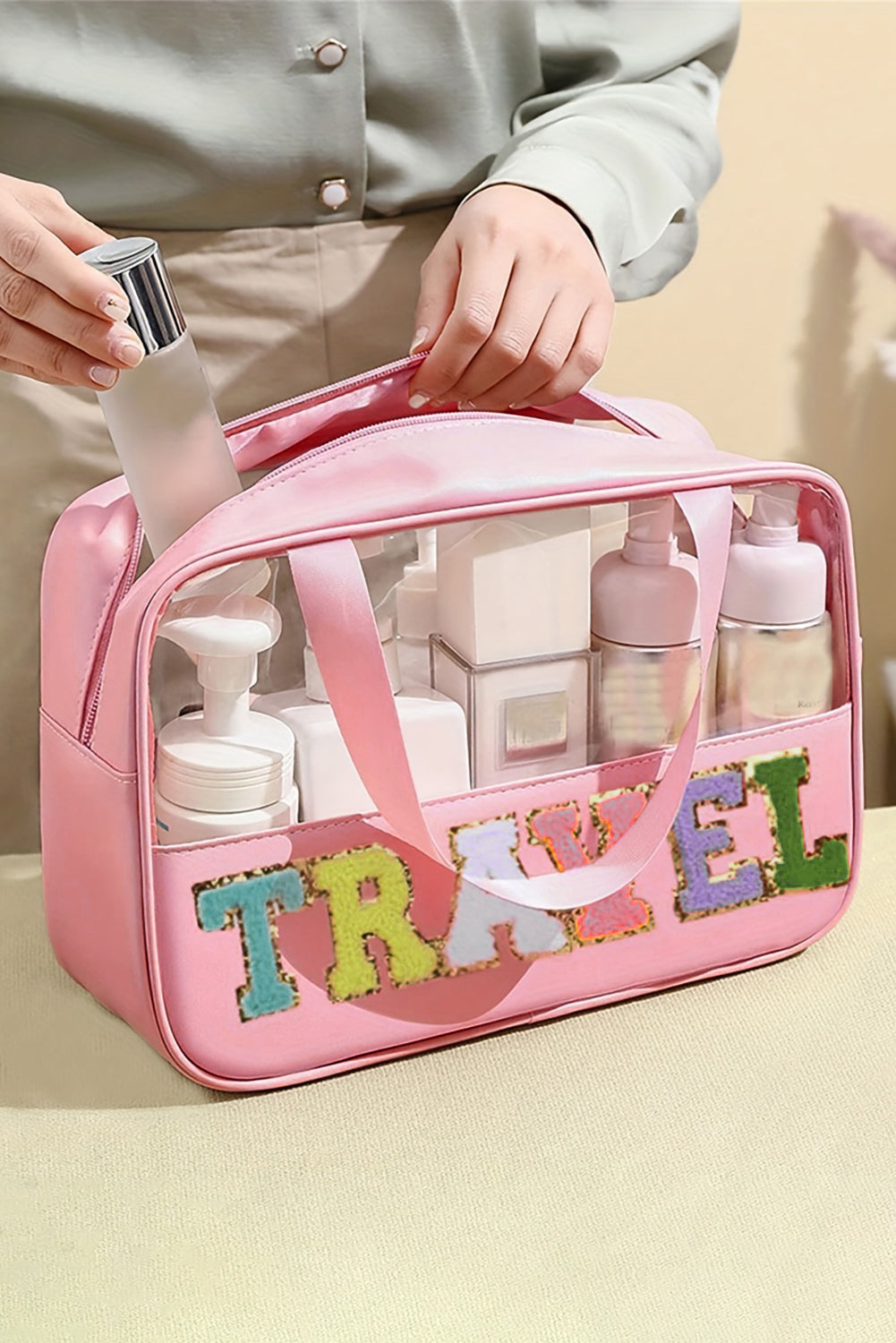 Light Pink TRAVEL Chenille Letter Clear PVC Makeup Bag - Snoopy's Closet