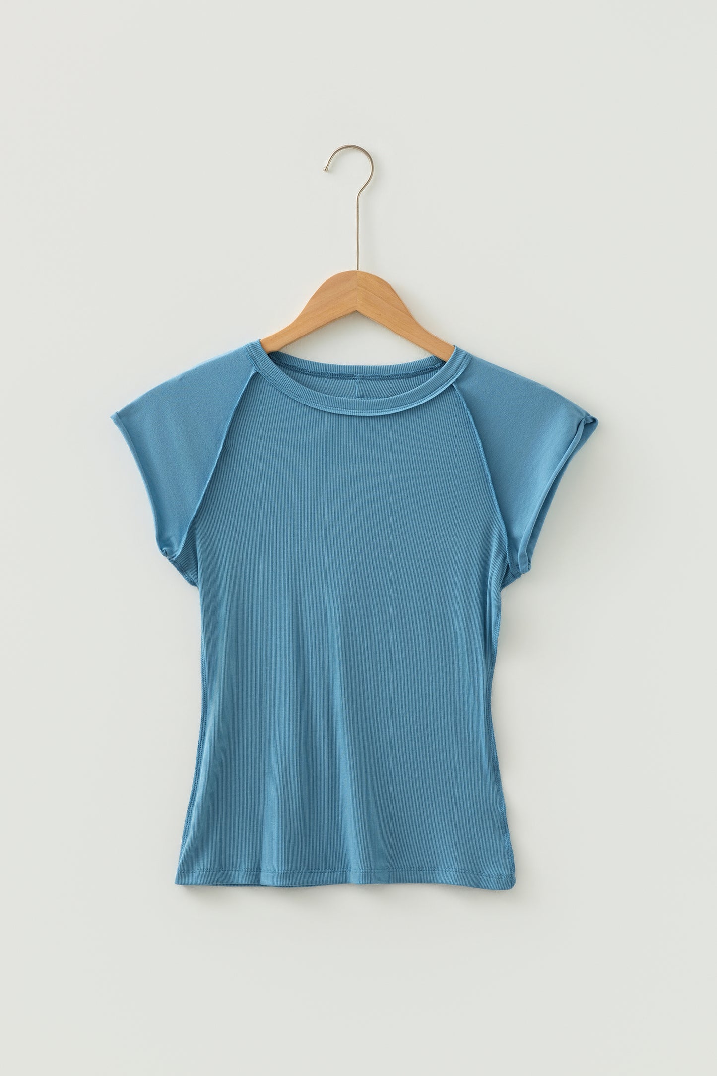 Peacock Blue Crew Neck Cap Sleeve Ribbed T Shirt - Snoopy's Closet