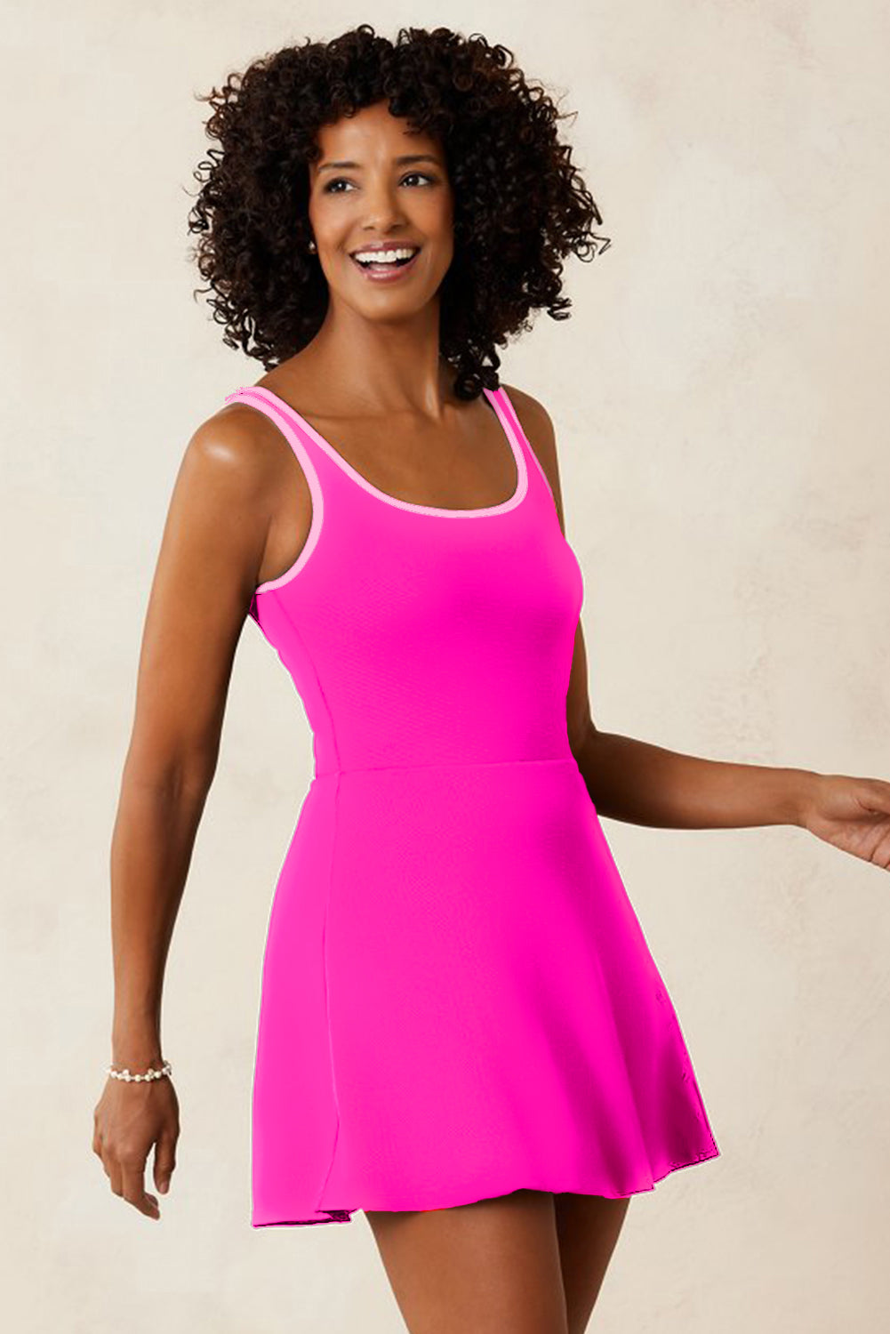 Rose Red Contrast Trim Neckline Active Shorts Attached One Piece Swim Dress - Snoopy's Closet