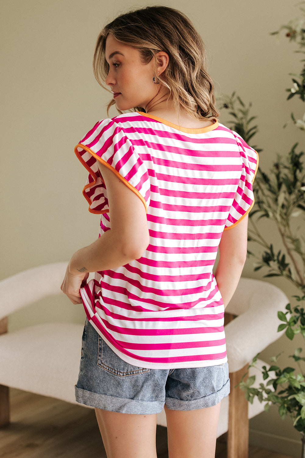 Rose Red Striped Ruffle Sleeve Crew Neck Blouse - Snoopy's Closet