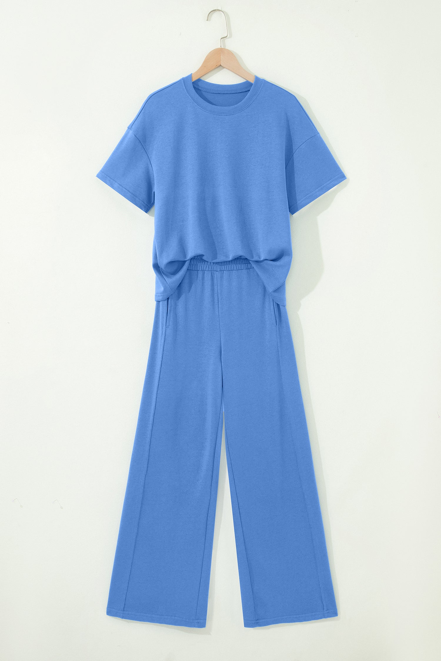 Sky Blue Solid Cover Oversize Tee Pocketed Casual Pants 2pcs Outfit - Snoopy's Closet