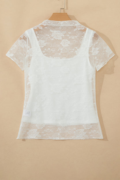 White Sheer Lace Round Neck T Shirt - Snoopy's Closet