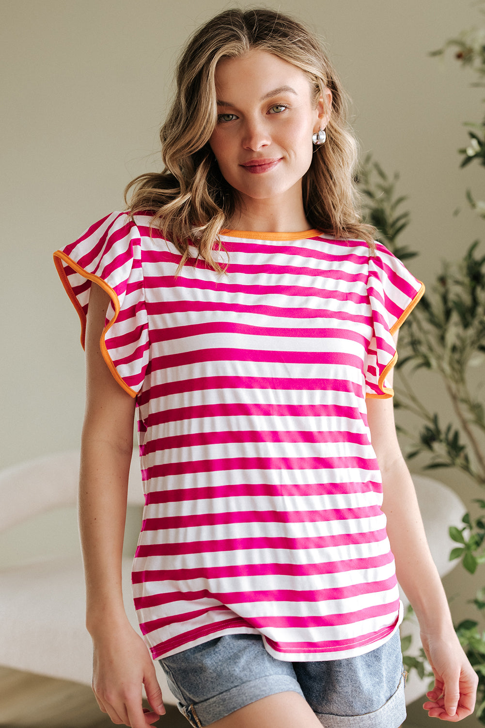 Rose Red Striped Ruffle Sleeve Crew Neck Blouse - Snoopy's Closet