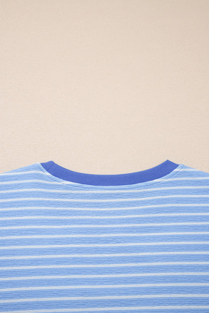 Sky Blue Stripe Crew Neck Tee Drawstring Waist Cropped Pants Set - Snoopy's Closet