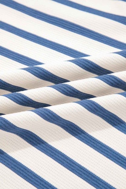 Blue Stripe Short Puff Sleeve Color Block Polo Collar Blouse