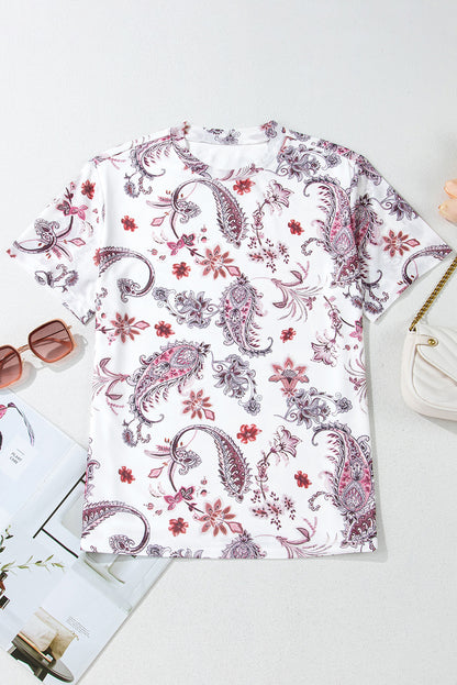 White Vintage Paisley Mock Neck T Shirt - Snoopy's Closet
