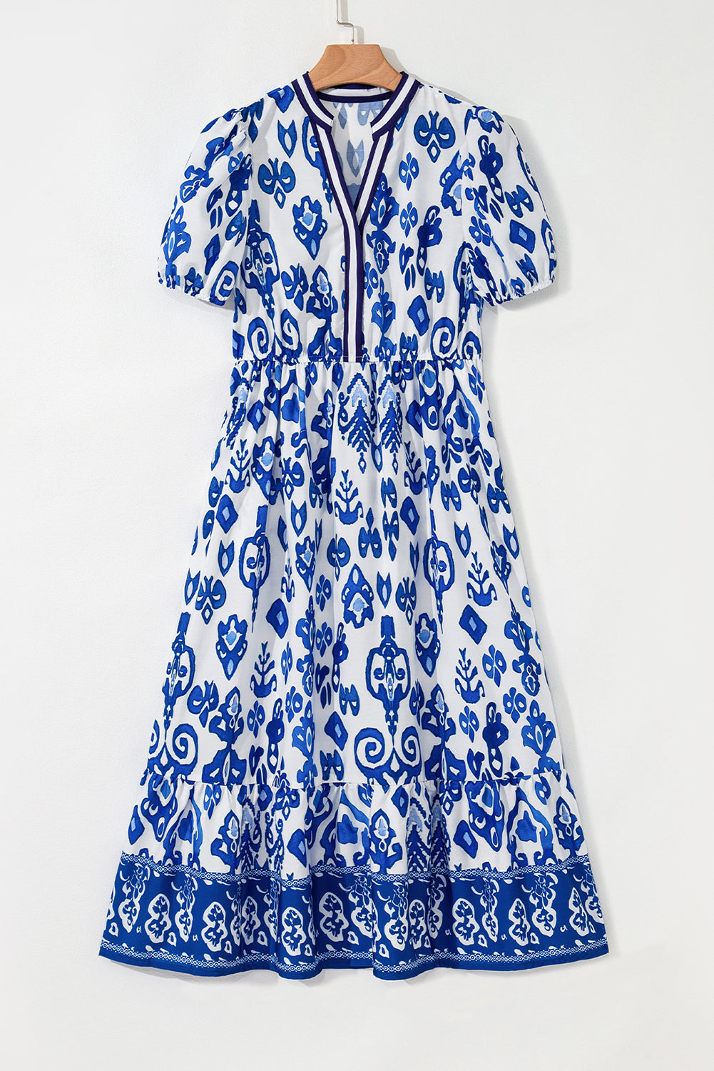 Vestido maxi azul floral de manga corta abullonada con cuello en V y cintura alta